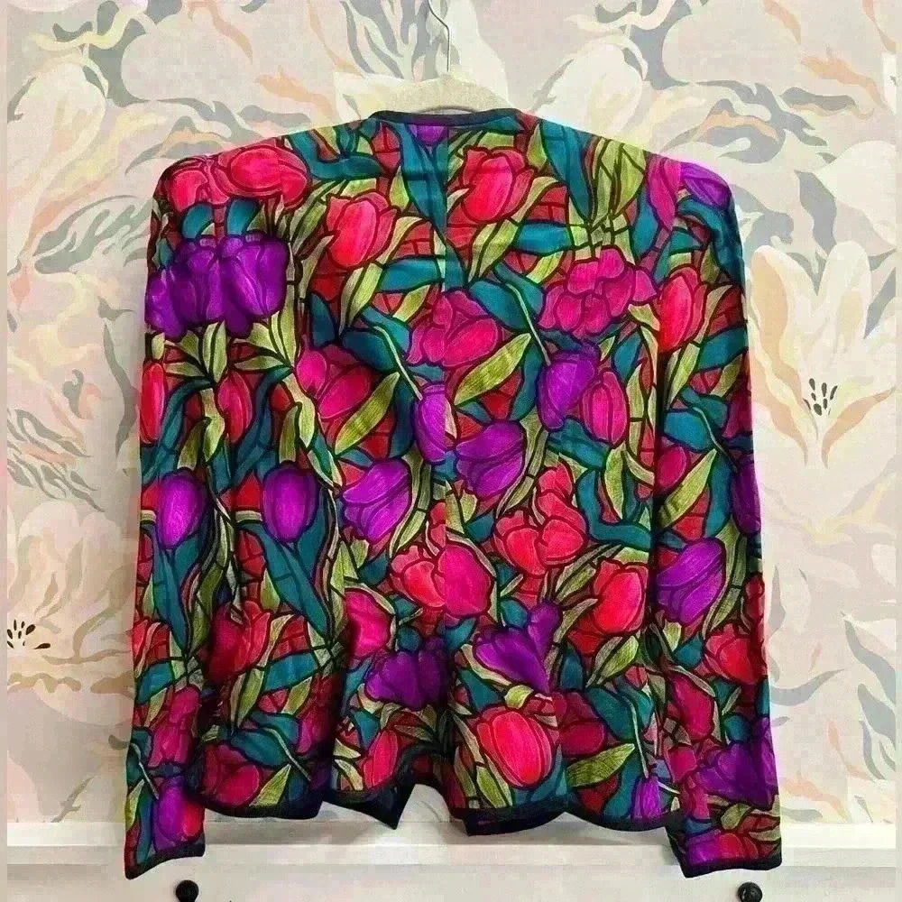 100% Silk Vintage Bright Floral Peplum Blazer Jacket, Size 4 - Picture 5 of 6